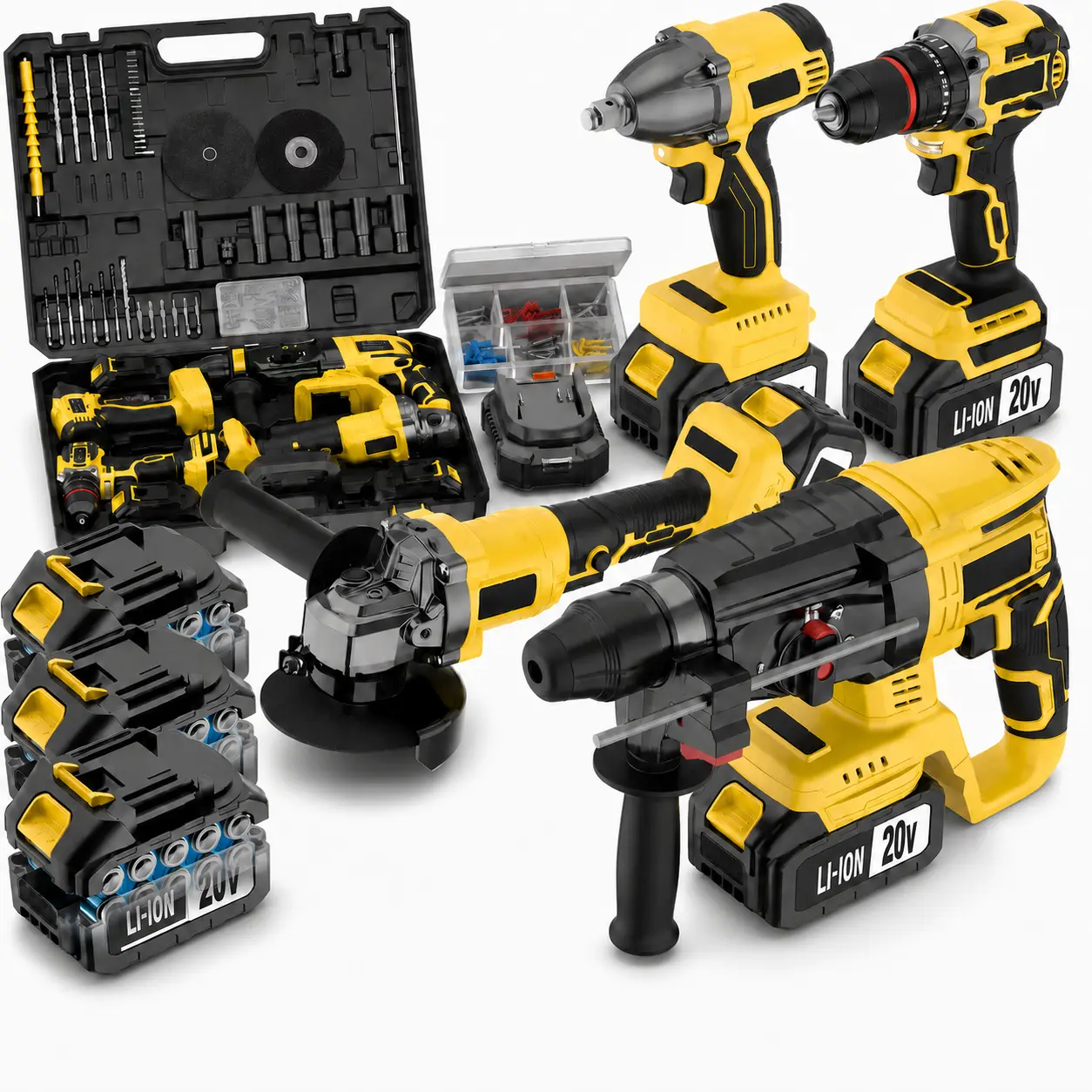 20V Cordless Tool Set with Brushless Drill, Impact Driver, Angle Grinder & Rotary Hammer, Complete Power Tool Kit with Batteries and Charger for DIY, Woodworking, Construction and Home Repair