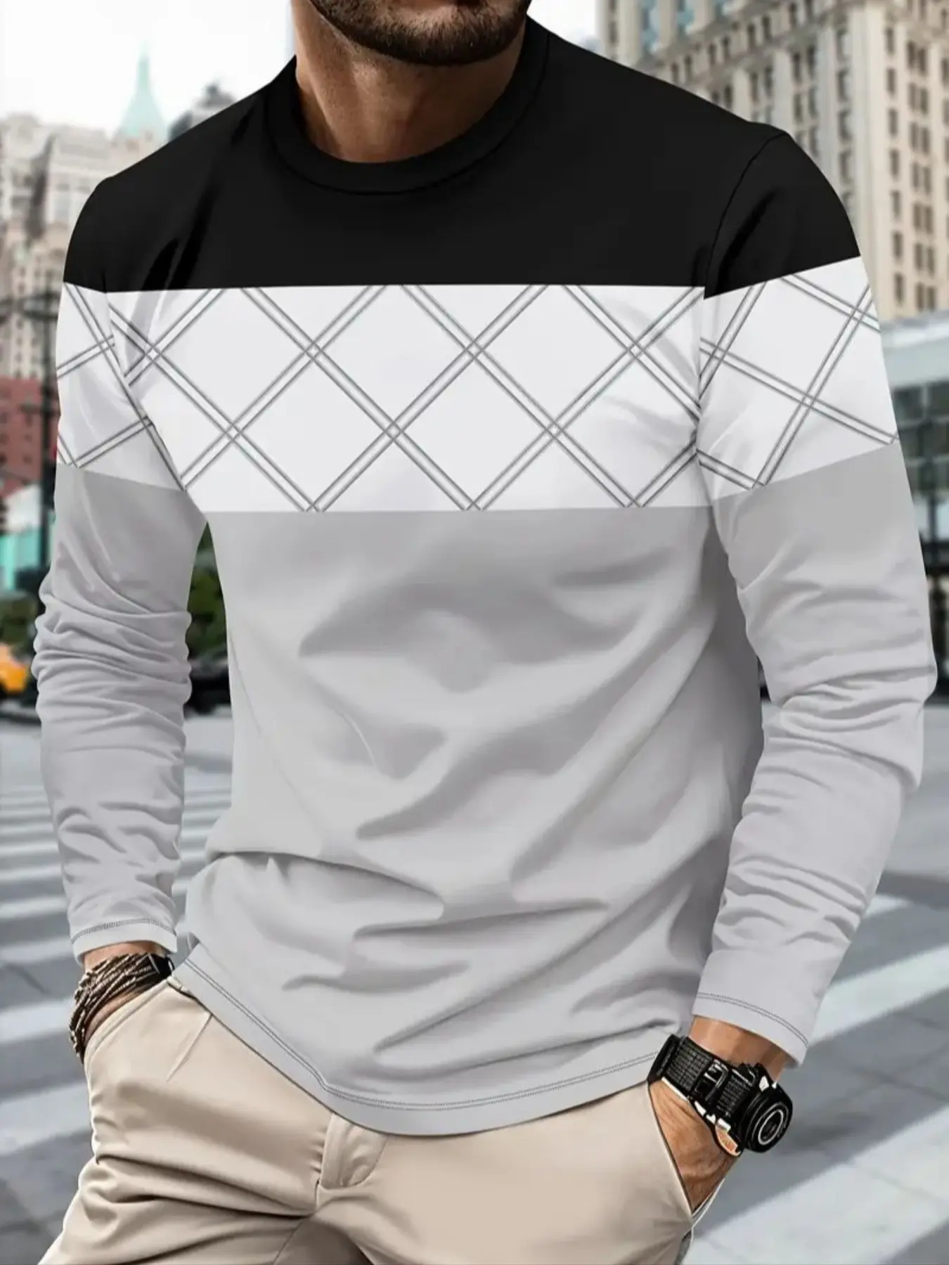 Men's Casual Long Sleeve Shirt, 3D Geometric Print, Contrast Design, Breathable Fabric, Gym & Outdoor Wear, Casual Sports Tops, Athletic Sports Clothing, Athletic Fashion Activewear, Athletic Fit Shirts