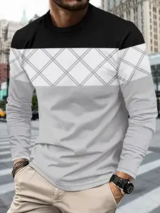 Men's Casual Long Sleeve Shirt, 3D Geometric Print, Contrast Design, Breathable Fabric, Gym & Outdoor Wear, Athletic Sports Clothing, Athletic Fashion Activewear