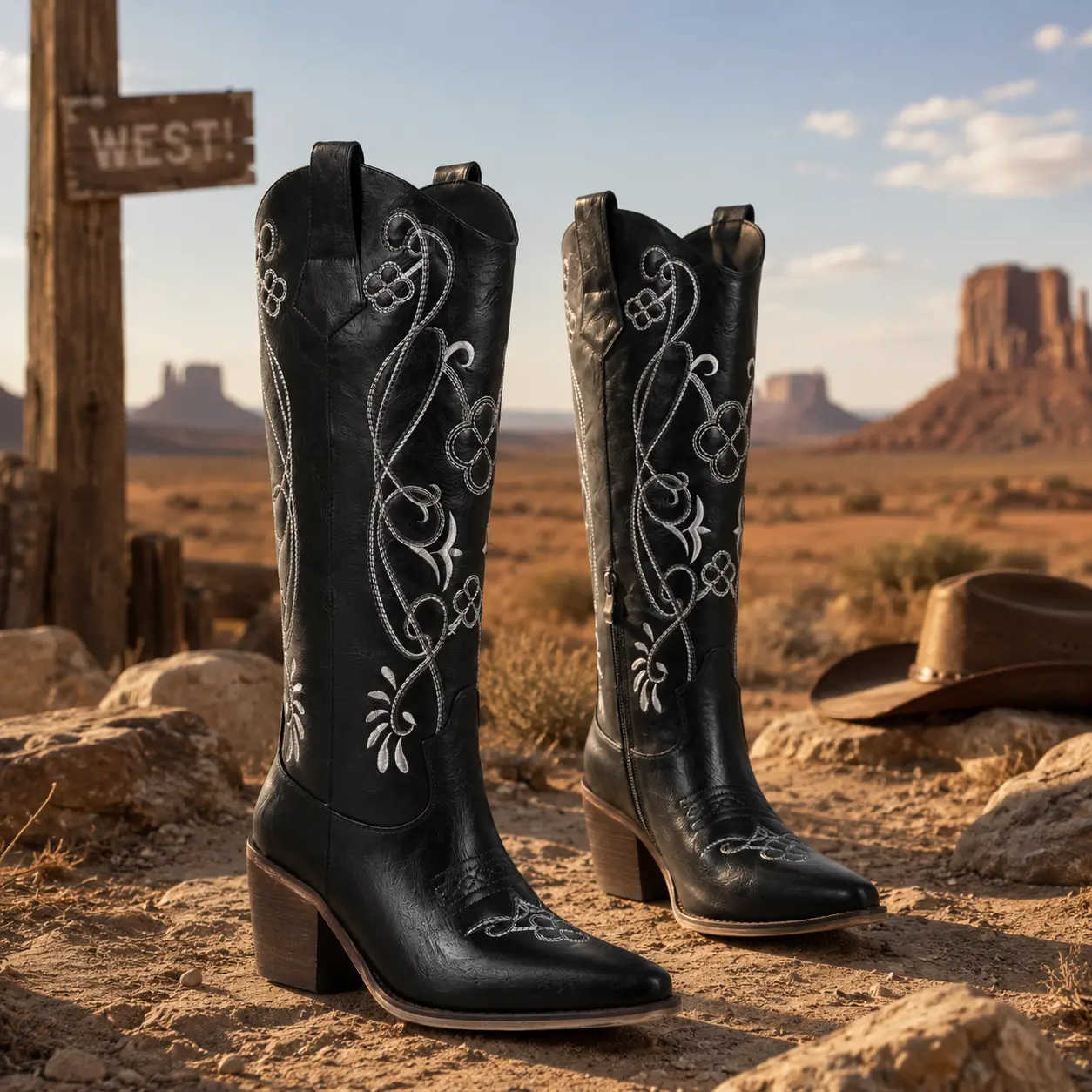 FREECHICC Cowboy Boots for Women Knee High Western Boots Pointed Toe Side Zipper Chunky Heel Country Western Boots Wide Calf Cowgirl Boots#WeeklyDeals#TikTokShopDealsforYouDays#DealsForYouDays#SummerWins