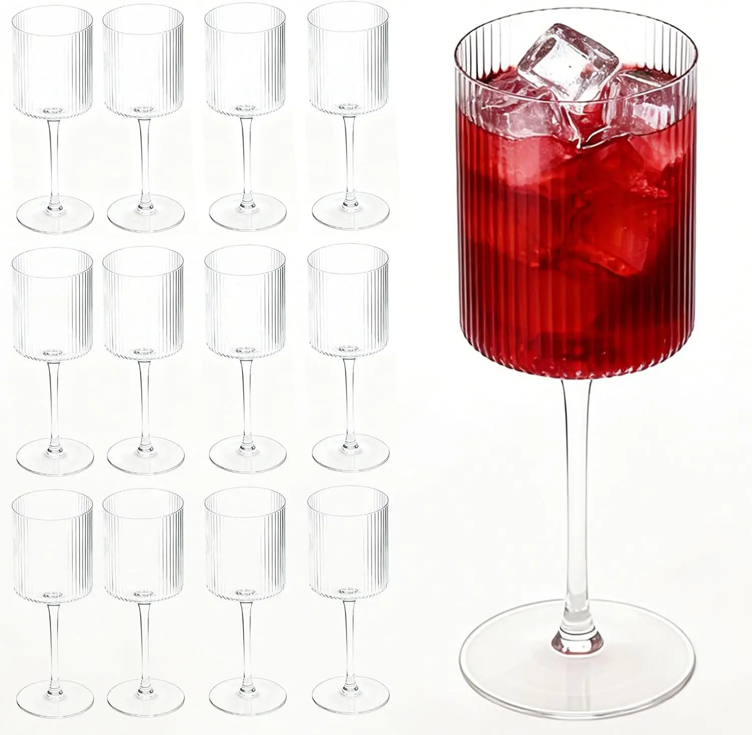 24 Pack 9oz Clear Ribbed Plastic Stemmed Wine Glasses Unbreakable Elegant Reusable, Perfect for Family Gatherings, Birthdays & Weddings