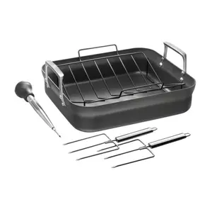 ZWILLING Motion Hard Anodized Roaster Pan 16x14-inch with Rack Baster & Turkey Forks Durable Nonstick Coating Oven Safe to 450°F