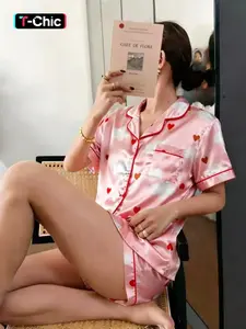 Women's Heart Cloud Silk Satin Sleepwear Set, Casual Loose Fit Short Sleeve Cute Pajamas, Comfortable All-Season Everyday Home Wear