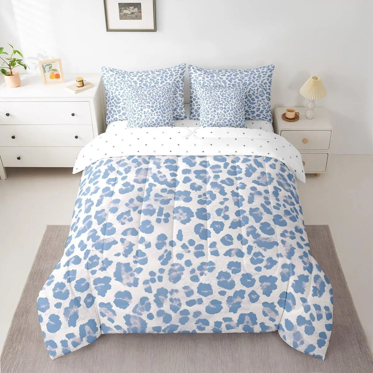 Light Blue Leopard Comforter Set With Sheets 7 Piece Cheetah Bedding Set Animal Print Bed in a Bag Leopard Fur Print Room Decor Safari Soft Lightweight Microfiber