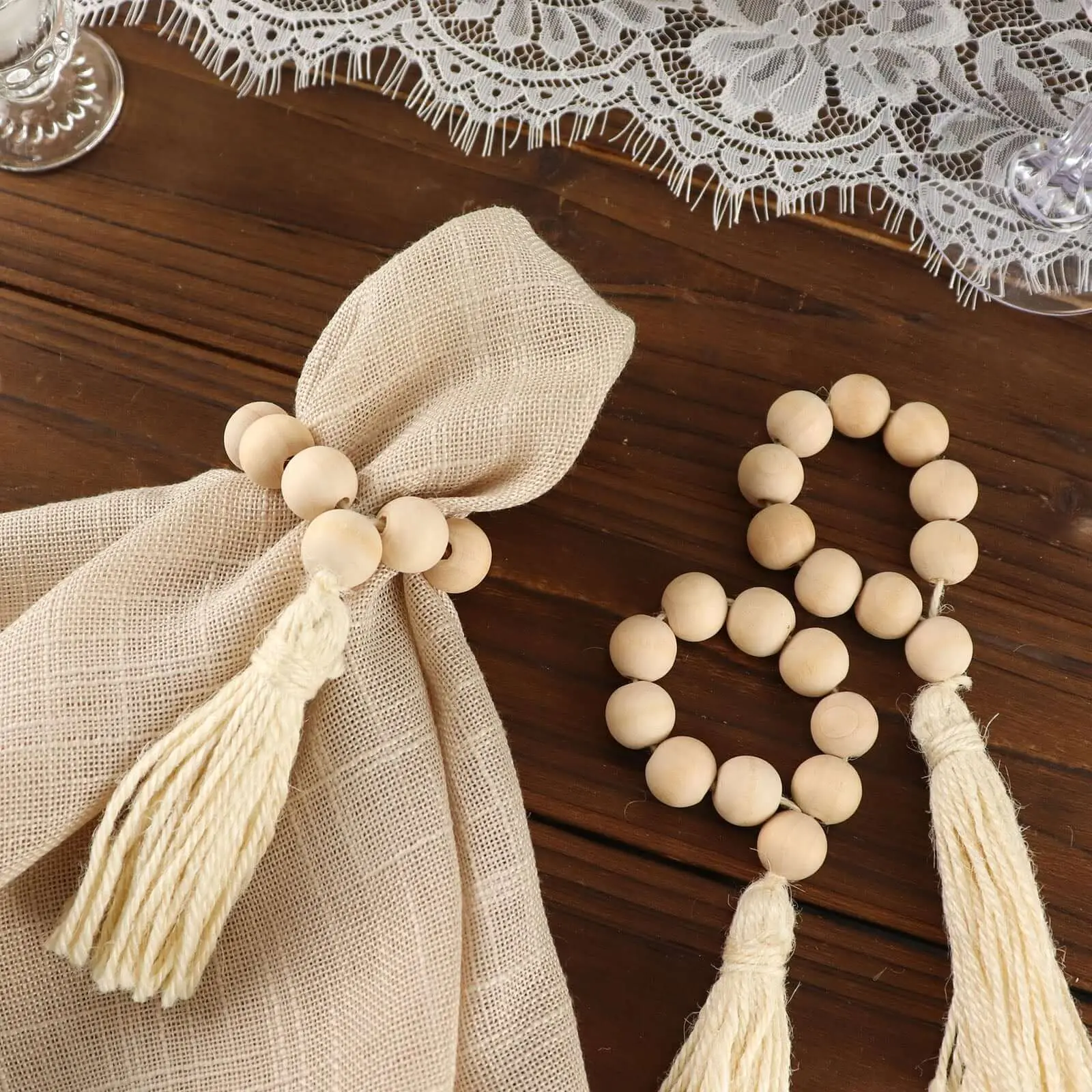 Cream Wooden Napkin Rings - 4-Pack 6 in Round with Tassels, Rustic Boho Chic Kitchen Utensils for Home Decor, Dinner Party, Bridal Shower, Wedding Reception