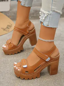Summer Waterproof Chunky Heel Sandals, Magic Tape Toe-Exposed Thick Sole High Heels, Fashion PU Upper, Rubber Sole, Women's Shoes
