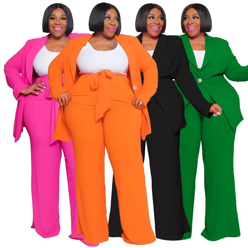 Plus Size Women's Business Suit Set Front Open Long Sleeve Blazer Elastic Waist Solid Color Straight Pants Set