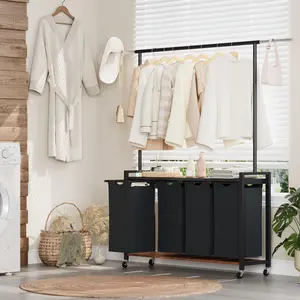 2 Bin Rolling Laundry Sorter with Hanging Rack & Storage Shelf, Heavy Duty Laundry Hamper with Lockable Wheels, Large Capacity Organizer for Bedroom Bathroom Laundry Room, Black