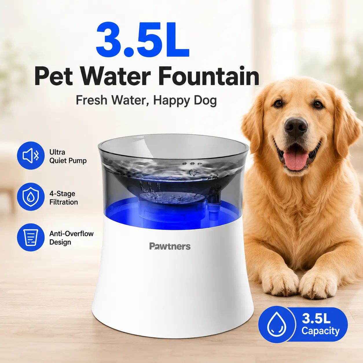 Pawtners 3.5L Dog Water Fountain, Ultra-Quiet Automatic Pet Water Dispenser with 4-Stage Filtration & Anti-Overflow Design for Small, Medium & Large Dogs, Water Pump, Splash-Proof