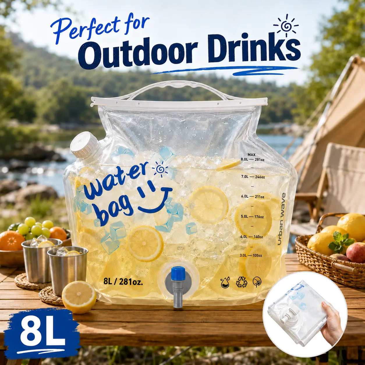 Camping Water Container 8L/2 Gallon Collapsible Water Jug with Spout - Food-Grade Reusable Plastic Water Bag, Foldable Empty Gallon Jug for Water Storage, Outdoor Hiking Camping Emergency Prep (1 Pack)