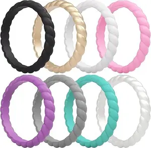 Thin Braided Silicone Wedding Bands for Women, Rubber Engagement Rings 3.5mm Wide 2mm Thick - 1/4/8/10/12/16 Variety Multipack