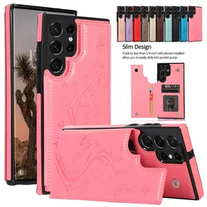 HISTORYOO For Samsung S25 Ultra S24 Plus S23 FE S22 Case Soft PU Leather Retro Embossed Butterfly Flower Shockproof Wallet Double Magnetic Clasp Protective Flip Fold Stand with 3 Card Slots Pocket Women Soft Folio Cover For Mom