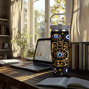 Spiritual Evil Eye Hamsa 30oz Stainless Steel Water Bottle | Black & Gold Evil Eye Aesthetic Design with Handle & Straw | Insulated Travel Tumbler | Ideal Christmas, Birthday Gift for Women, Spiritual Enthusiasts
