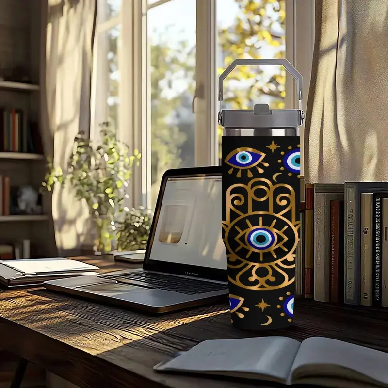 Spiritual Evil Eye Hamsa 30oz Stainless Steel Water Bottle | Black & Gold Evil Eye Aesthetic Design with Handle & Straw | Insulated Travel Tumbler Drinkware Flasks | Insulated Water Cup | Ideal Christmas, Birthday Gift for Women, Spiritual Enthusiasts