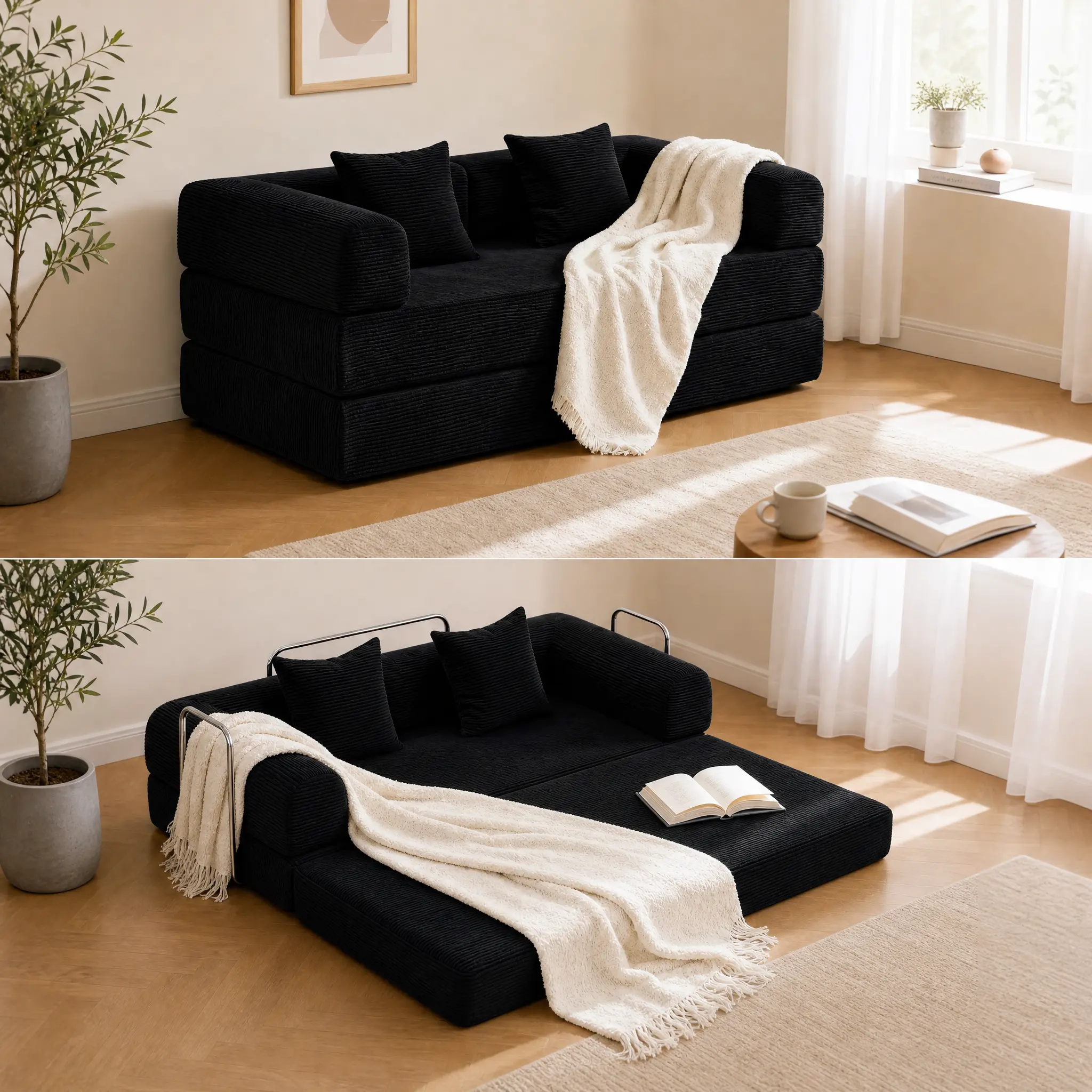 Corduroy Boneless Cloud Couch, Compressed 5-in-1 Convertible Fold-Out Floor Sofa Bed, No Assembly Lazy Lounge Chair, Multiple Sizes for Apartments & Dorms