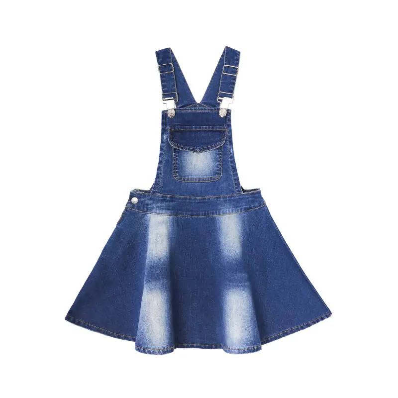 Kidscool Space Girls Denim Overall Dress Washed Jean Pinafore Skirt Adjustable Strap Bib Pocket Casual School Outfits for Kids 6-14T