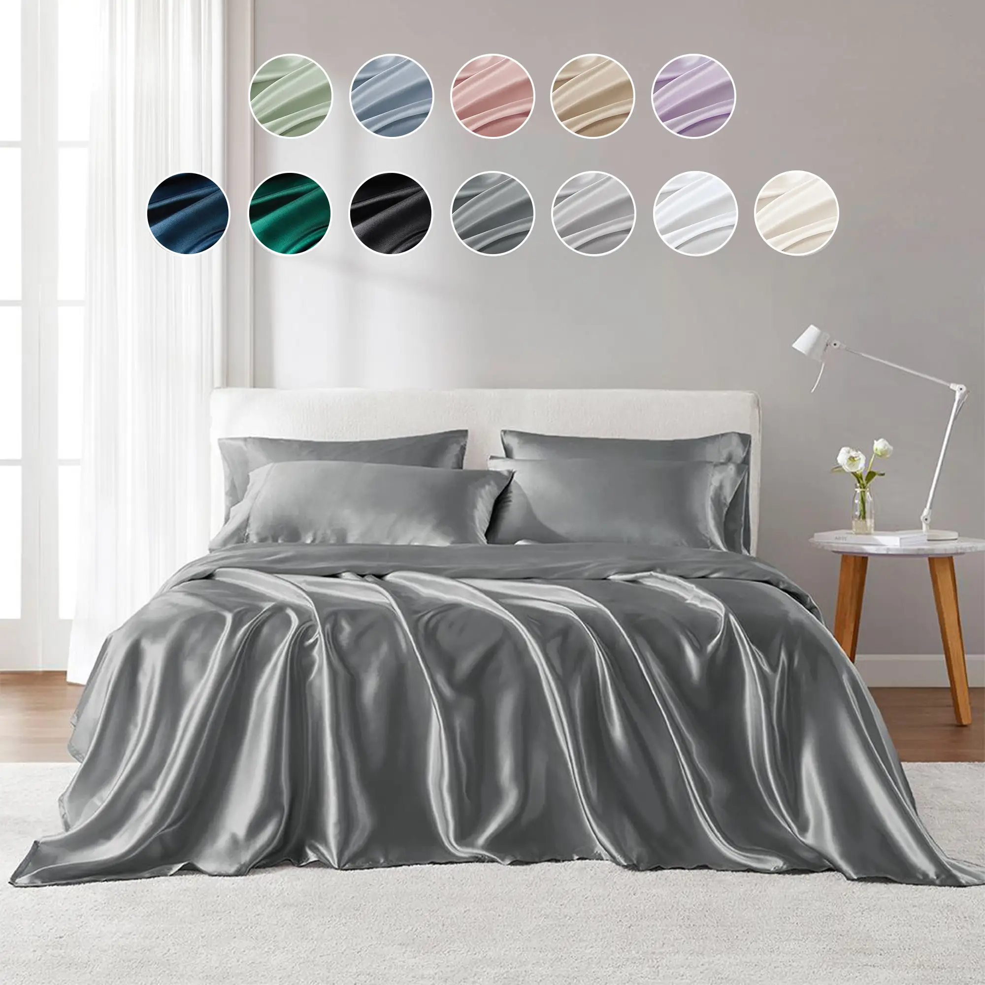 6 Piece Solid Color Satin Sheets Set (1*Flat Sheet + 1* Fitted Sheet + 4*Pillowcases), Luxurious And Silky With Natural Sheen