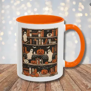 Retro Ghost Reading Books Mug Vintage Librarian Ghost Halloween Mug Ghost Bookshelf Mug Halloween Teacher Coffee Cup Book Club Mug