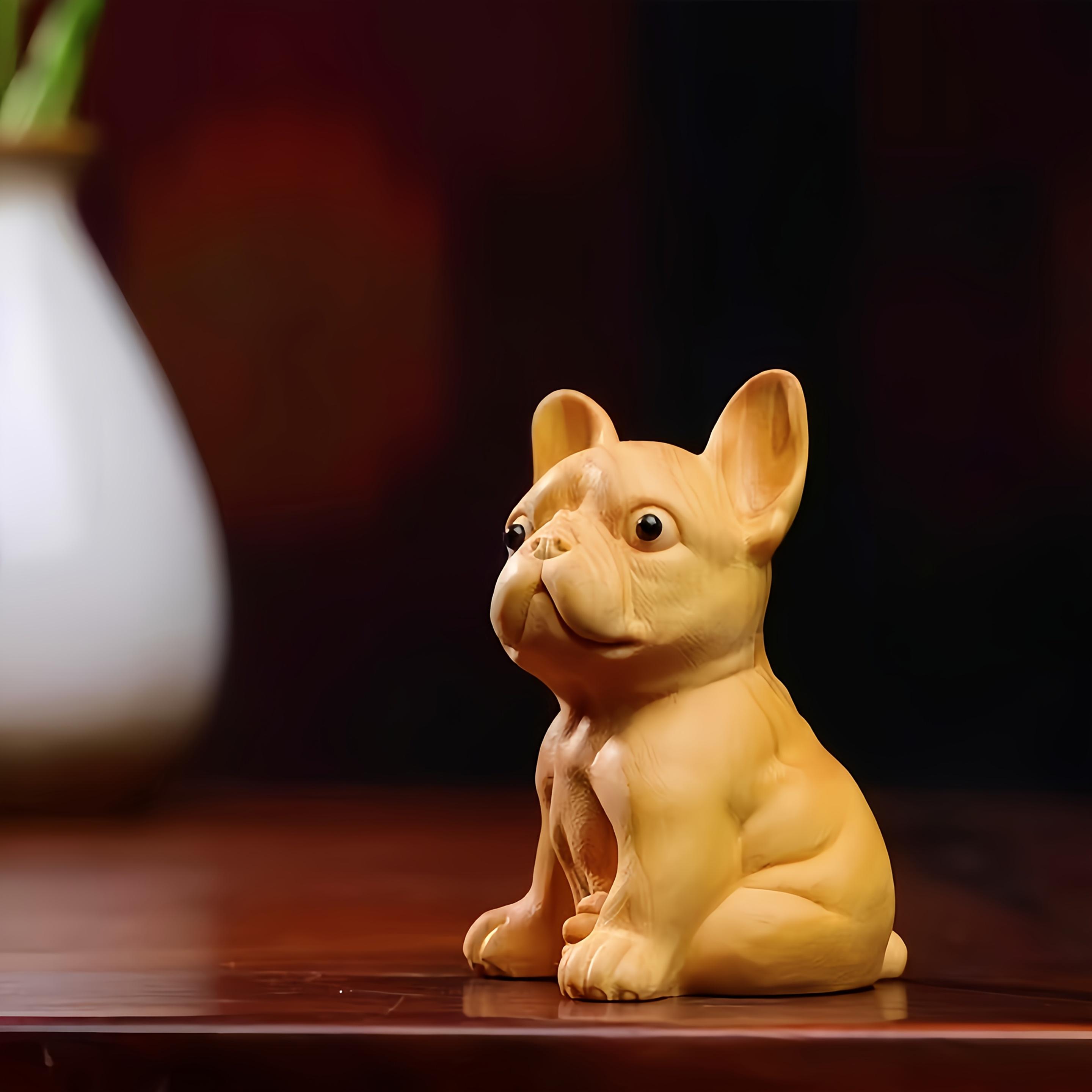Hand Carved Sandalwood Bulldog Figurines 2 Pack, Cute Puppy Desk Decor, Natural Wood Home Ornament