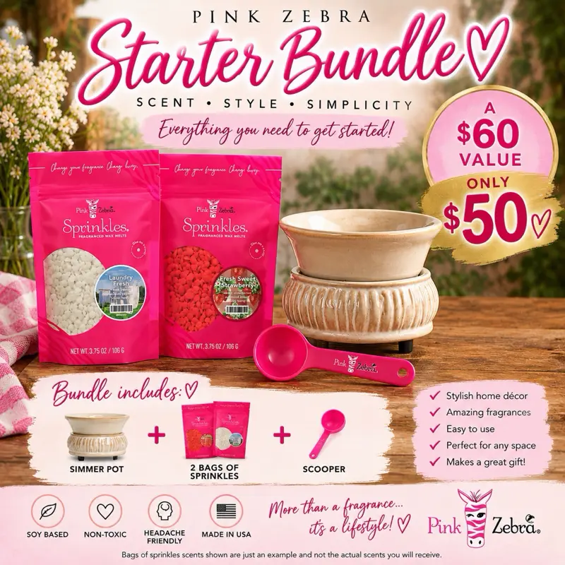 Pink Zebra starter bundle that includes a simmer pot, 2 bags of sprinkles, a scoop and a more.