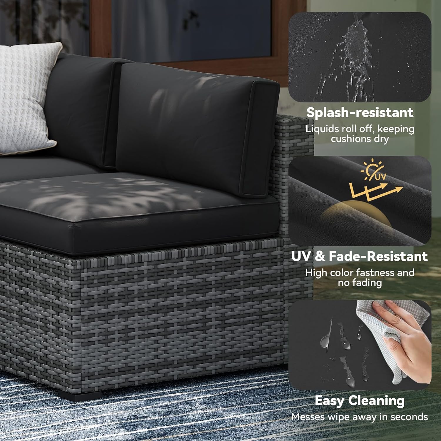 [Only Cushion] Aoxun 14-Piece Deep Seat Patio Cushions for 6-Seat Sets Waterproof Fade Resistant Black Replacement Outdoor Furniture Cushions with 4-Inch Thick 24D Foam & PP Cotton Fill