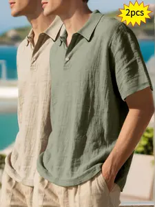 Men's Linen Polo Shirt Set, Menswear Short Sleeve Classic Casual Wear, V Neck Stand Collar Two Button Tee, Beachwear, Tropical, Soft Fabric, Breathable, Essential Wardrobe Item