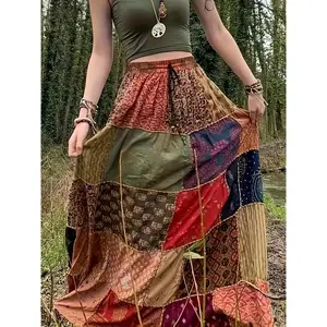 Plus Size Bohemian Chic Women's Halter Neck Maxi Dress - Vintage Plaid Patchwork with Floral Accents, Drawstring Waist, Machine Washable Polyester, Bright Color Block Design for All Seasons