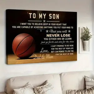 1 Piece Framed Canvas "To My Son" Basketball Art, Wooden Wall Art, Modern Home Decor - Wall Decor with Sports Quotes, Family Gift Suitable for Bedroom, Office, Game Room, Canvas Design, Printing, Exquisite Frame Structure