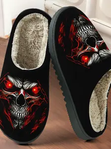 Flame Skull Printed Cotton Slippers, Dark Gothic Style, Fuzzy Lining, Non-Slip Thick Rubber Sole, Home Use, Men and Women, Fall Winter Warm Shoes, Footwear, Antislip Slippers