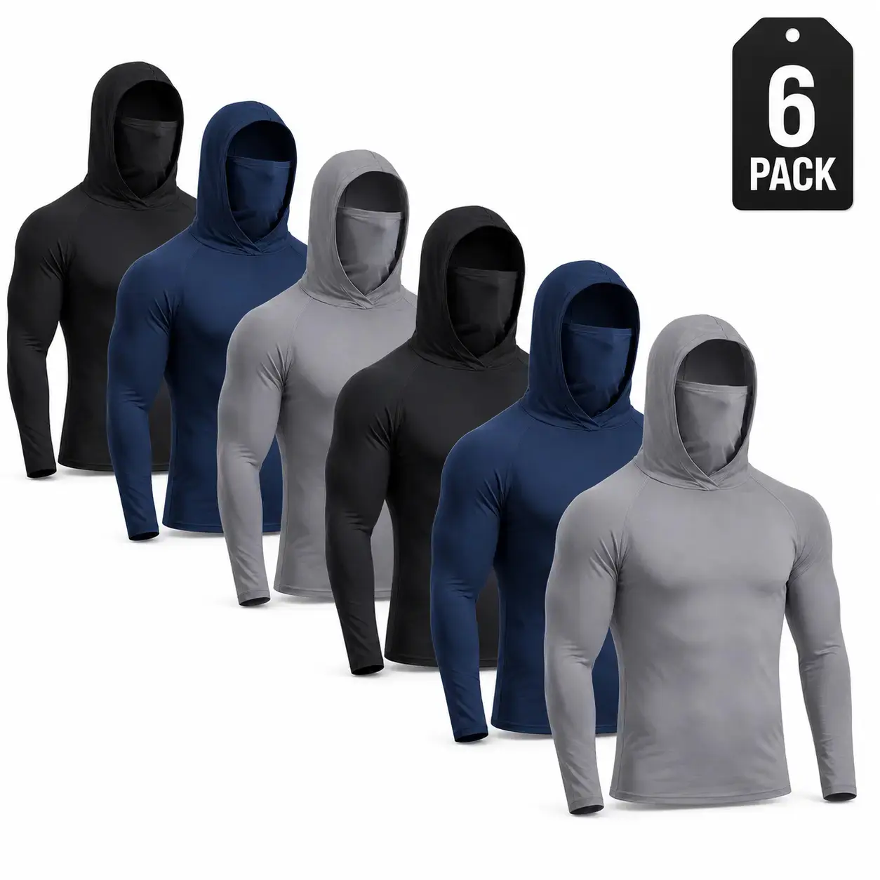 Men’s 3/5/6-Pack Fitted Plain Cotton Dry Fit Cooling Long-Sleeve Hooded T-Shirts with Built-in Face Cover, Quick-Dry Breathable UV Sun Protection All-Seasons Workwear for Hiking, Construction