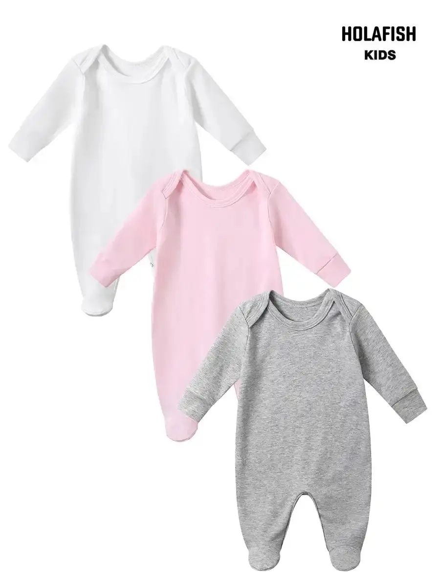 Holafish 3Pack Baby Long Sleeve Onesie Footed, 100% Cotton Unisex Baby Bodysuits, Solid Color Round Neck Infant Outfit for Newborn Baby Boys Girls Daily Wear