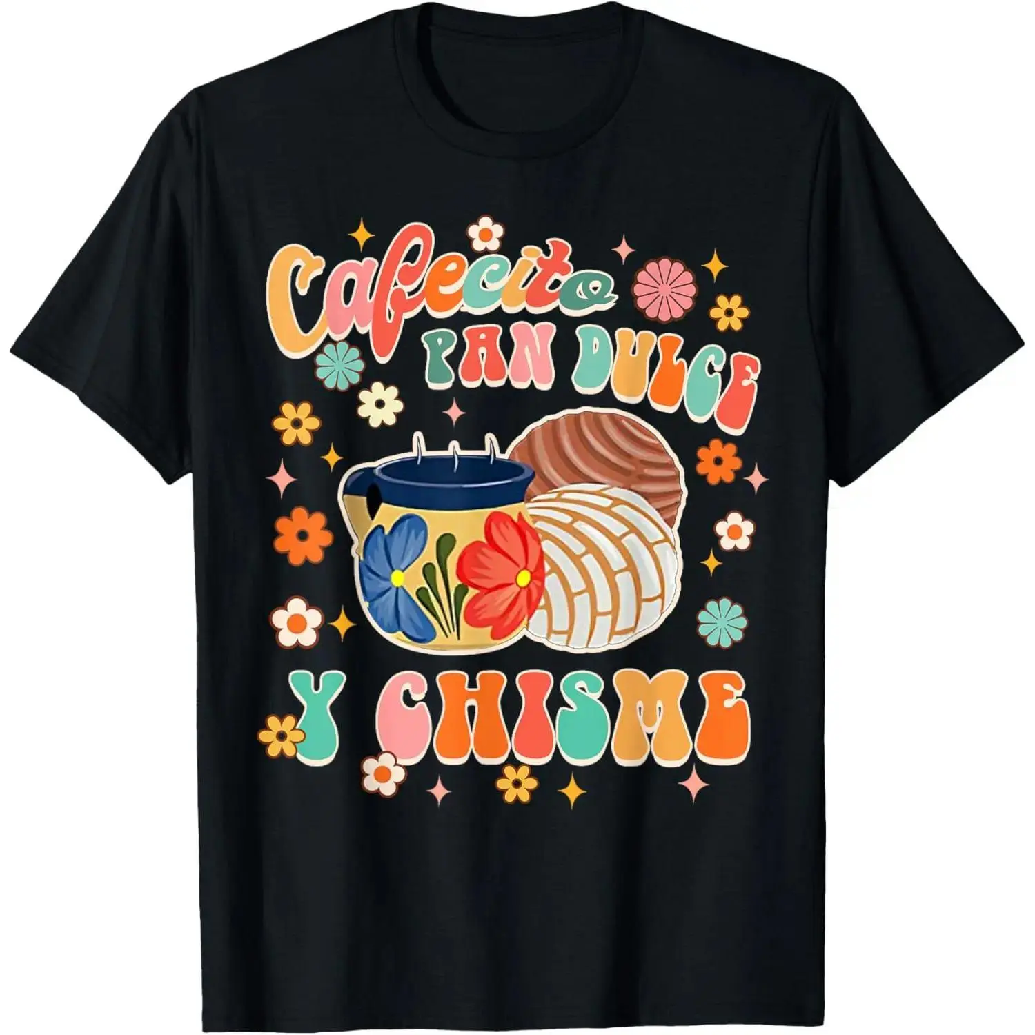 Women's Short-Sleeve Cotton Casual Round Neck Chic Graphic T-Shirt - Streetwear Mexican Latina Cafecito Pan Dulce Y Chisme Concha Groovy Gift Top