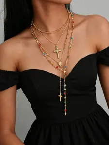 4 Piece Layered Cross Necklace Set, Y2K Gothic Punk Jewelry, Graduation Gift, Music Festival Accessory, Everyday Wear