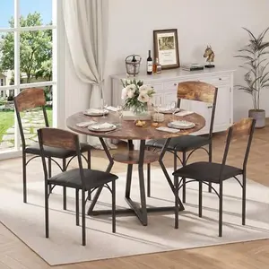 Loftiage 42'' Round Dining Table Set for 4, Space Saving Wood Kitchen Table and Chairs Set for 4 with Faux Leather Chairs, Extra Storage, Vintage Brown