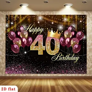 1PC,2D Flat 40th Birthday Party Backdrop, Black Gold Purple Balloon Crown Theme Photo Background Cloth, Adult 40th Birthday Party Scene Decoration Banner, Photography Backdrop Wall Hanging Cloth