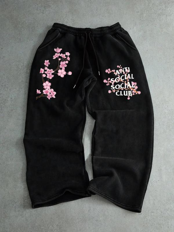 Men's Cherry Blossom Embroidery Sweatpants, Floral Print Sweatpants, Regular Fit Casual Comfy Jogger Pants for Spring & Fall, Men's Trousers for Daily Wear Men's Cherry Blossom Embroidery Sweatpants, Floral Print Sweatpants, Regular Fit Casual Comfy Jogger Pants for Spring & Fall, Men's Trousers for Daily Wear