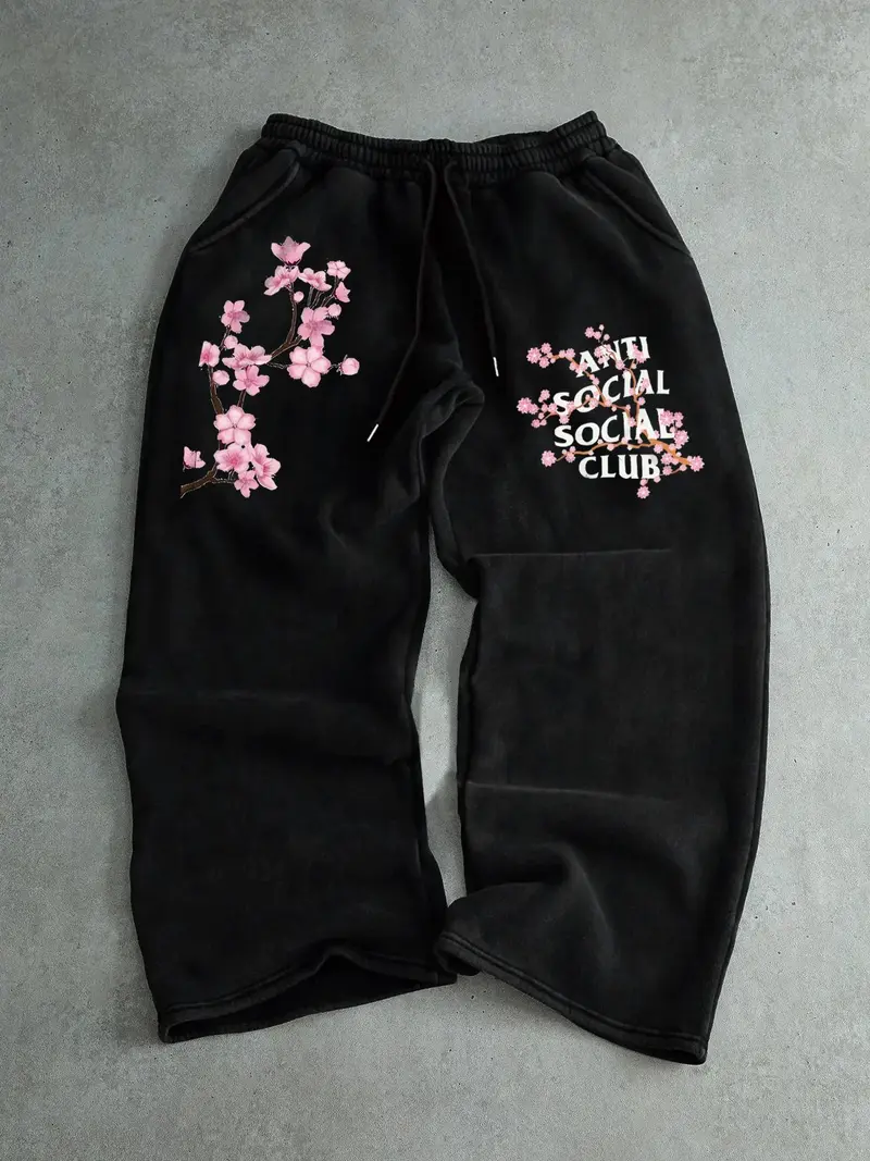 Men's Cherry Blossom Embroidery Sweatpants, Floral Print Sweatpants, Regular Fit Casual Comfy Jogger Pants for Spring & Fall, Men's Trousers for Daily Wear