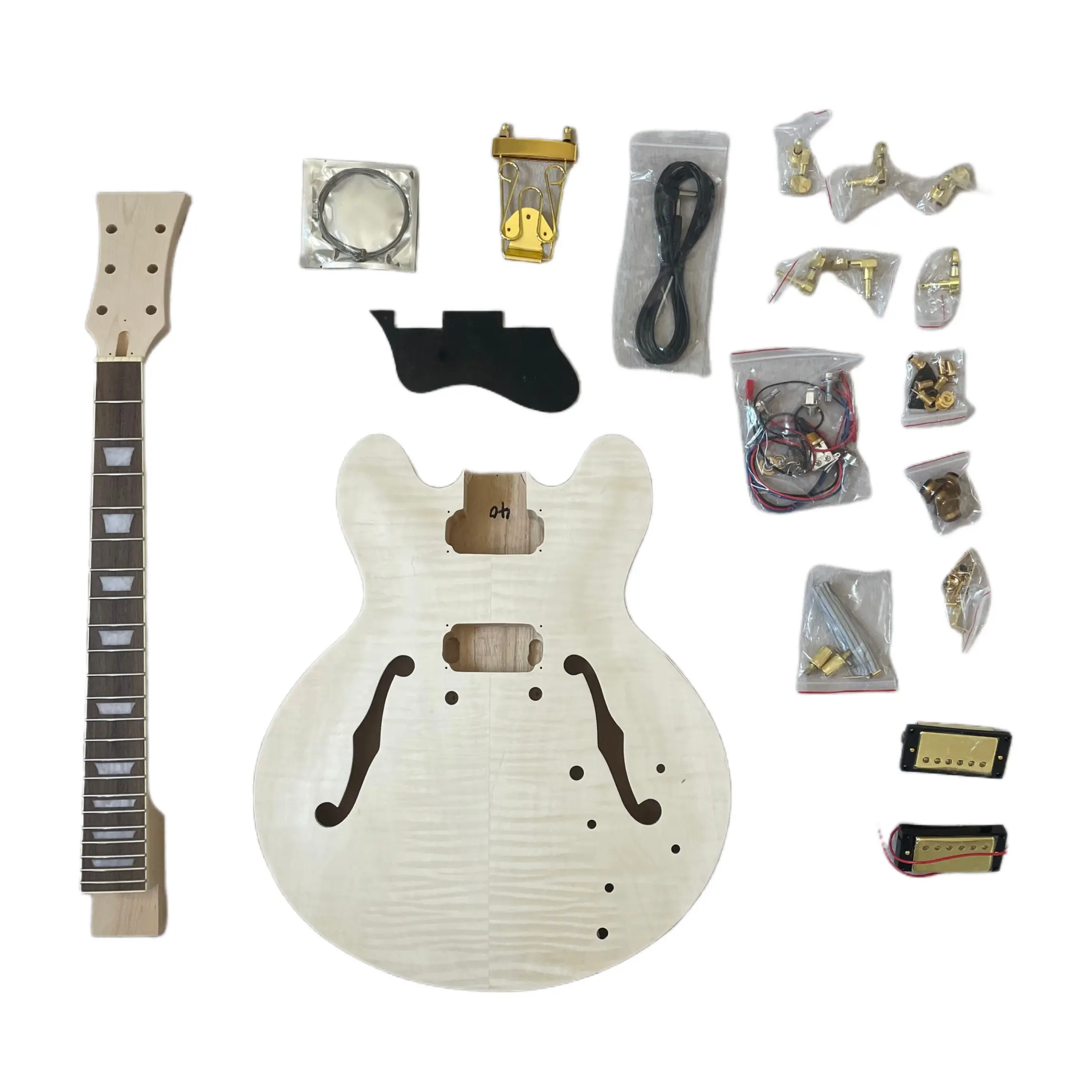 DIY Electric Guitar Kit for 335Jazz, F-Hole Hollow Body with Gold Accessories, Maple Veneer, Body Cut and Polished, Customizable, All Necessary Parts and Hardware Included for Beginners
