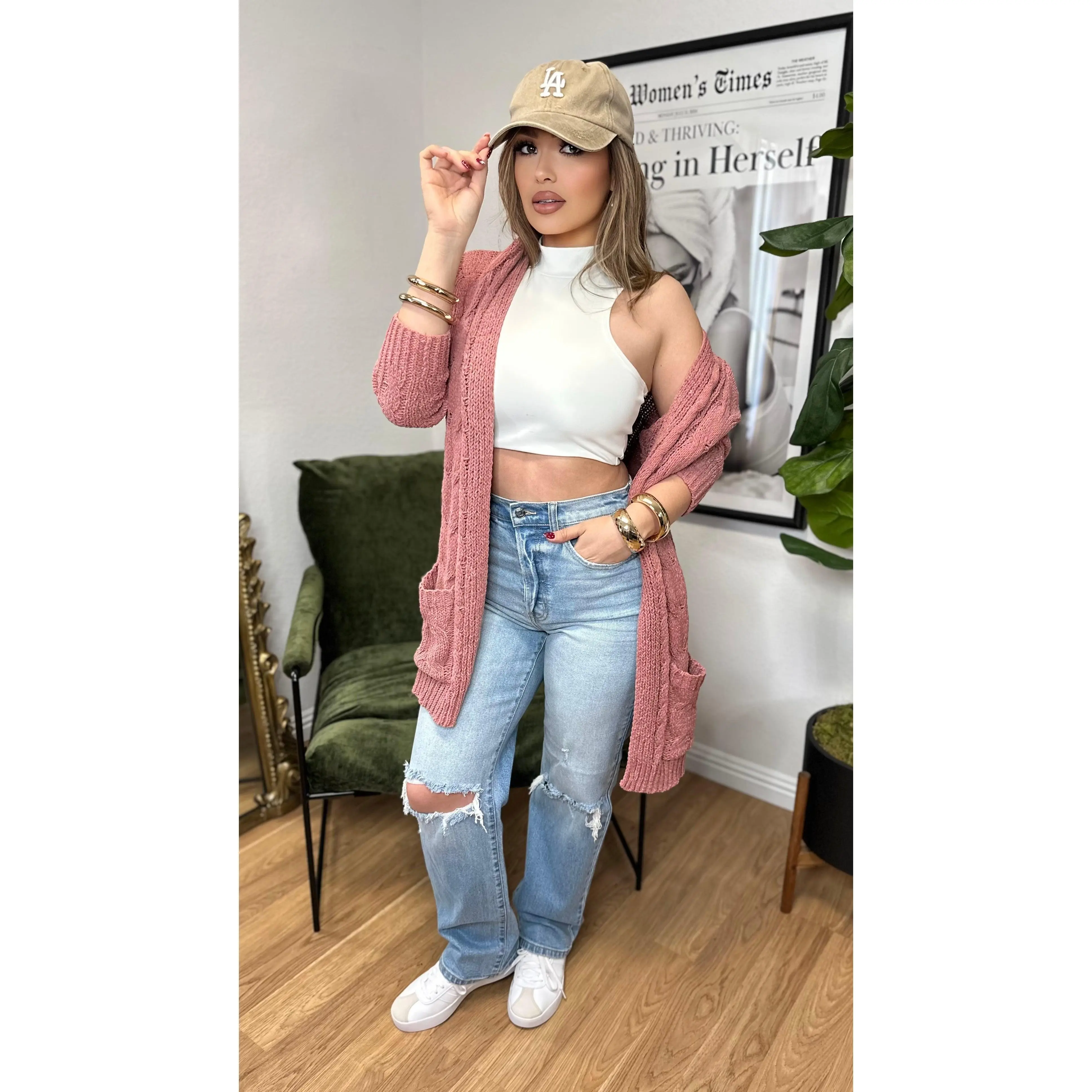 Cozy Cable Knit Cardigan (Mauve)