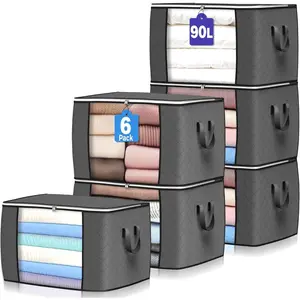 90 L Large Storage Bags, 6 Pack Clothes Storage Bins Foldable Closet Organizers Storage Containers with Reinforced Handle for Clothing, Blanket, Comforters, Bed Sheets, Pillows and Toys (Gray)
