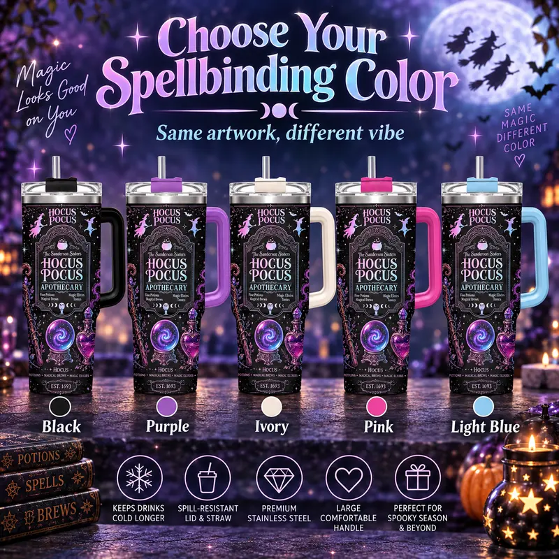 Halloween Tumbler, Hocus Pocus Apothecary Tumbler with Handle, Sanderson Sisters Magic Potion Design Cup, Spooky Halloween Travel Mug, Halloween Gift, Witchy Aesthetic Gift, 40oz Stainless Steel Tumbler