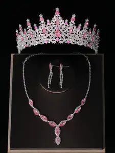 A set of fashionable jewelry suitable for women's weddings, bridal accessories, a large Rhinestone crown adorned with pink diamonds, necklaces, and earrings, and a 4-piece wedding jewelry set suitable for weddings, parties, and gatherings, Western Jewelry