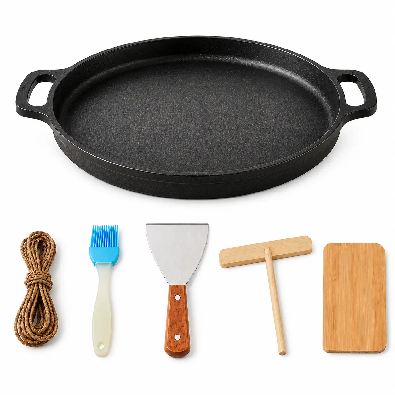 11 Inch Cast Iron Griddle Pan with Dual Handles, Flat Bottom Crepe & Pancake Pan for Breakfast, Eggs, Burgers and More, Includes 5 Kitchen Accessories Set