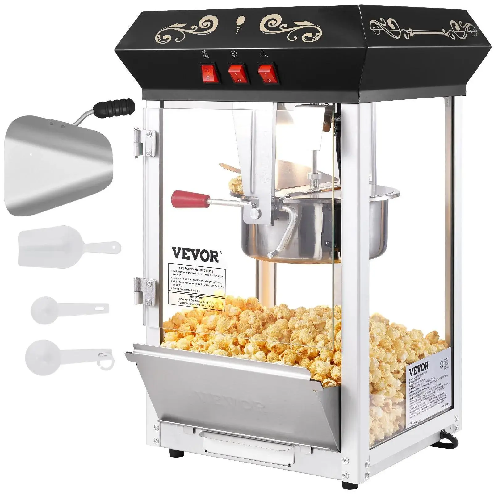 【Summerfinds】VEVOR Popcorn Maker,  850W Popcorn Popper Machine, 8 Oz Kettle Makes 48 Cups per Batch, Countertop Popcorn Maker with Tempered Glass, Includes 4 Scoops, Movie Theater Style, Black