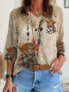 Women's V Neck Seven-Quarter Sleeve Hollow Out Knit Sweater, Vintage Scottish Highland Cow Print, Loose Casual Hoodie for Spring Summer