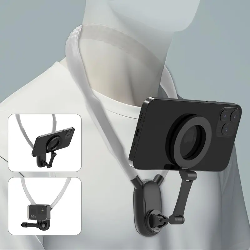 Magnetic Neck Mount for Phones, Neck Cell Phone Holder POV/Vlog Selfie Mount Hand Free Phone Neck Holder Chest Stand Strap Video Recording for iPhone 15 14 13 12 Seires Android Phones