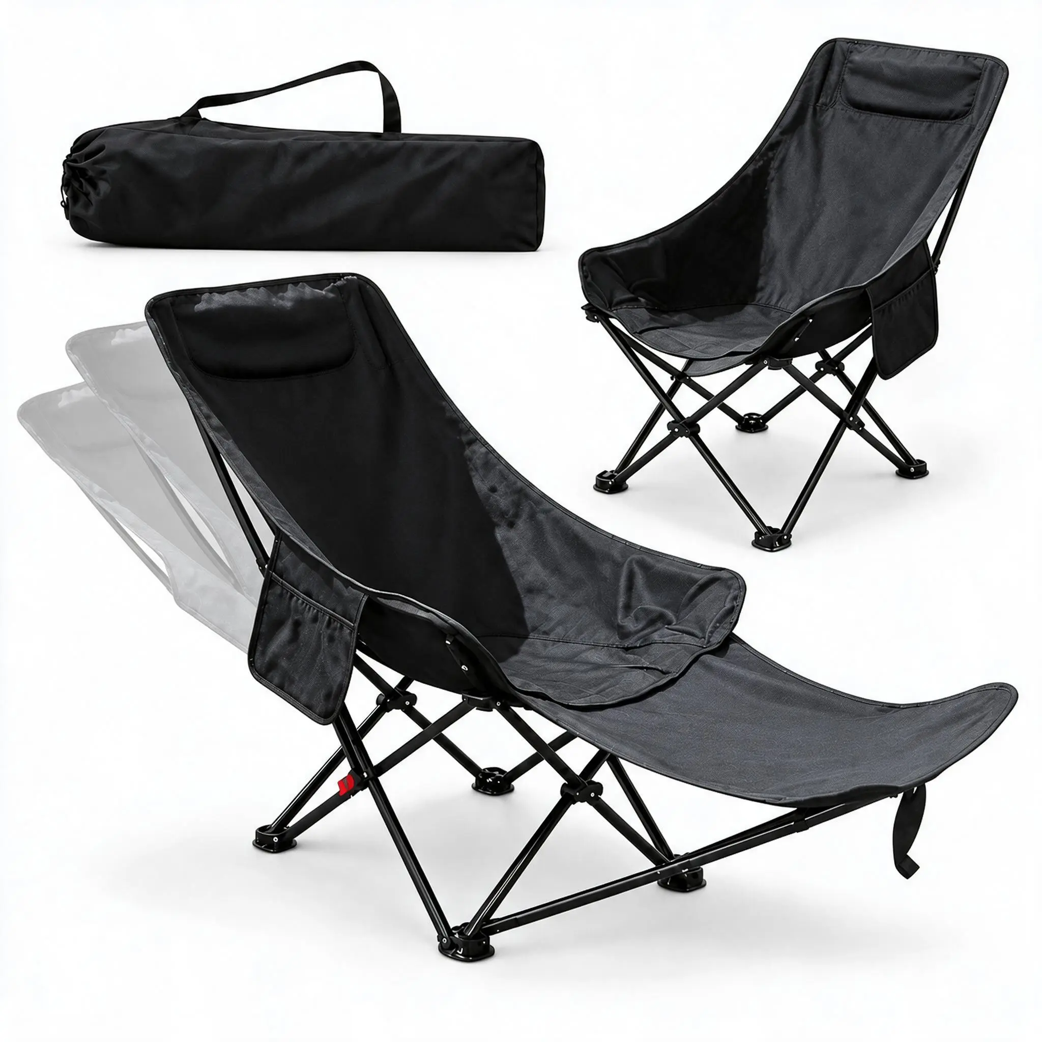 Premium Adjustable Folding Camping Chair for Adults, 330lb Weight Capacity, 4-Position Backrest, Footrest, Waterproof Oxford Fabric, Side Pocket, Compact Carry Bag, Black