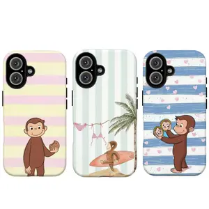 FL-Curious Georgeee Striped Phone Case,Cute Cartoon Monkey Phone Case,Whimsical Beach & Surf Monkey Scenes with Pastel Stripes Protective Cover For iPhone 11 12 13 14 15 16 17 Air Pro Max for Samsung S26 S25 S24 S23 S22 S21 Case,Gift for her/him