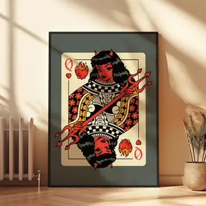 Queen of Hearts Playing Card - Vintage Retro Devil Queen, Dark Fantasy Wall Art for Creative Spaces, Gothic Fantasy Illustration, Bold Art