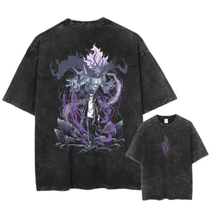 Retro Vintage "Arise Solo Leveling - Sung Jin Woo" - Anime Double Printed Oversized Mineral Washed Unisex T-Shirt Gift For Anime Fan Cotton Fabric